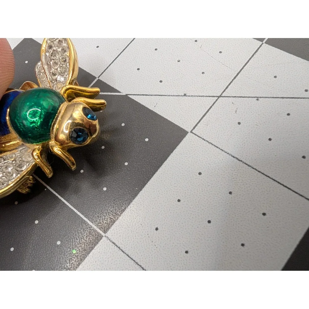 Enamel Bumble Bee Brooch‎ Gold Tone Green Blue Rhinestone Insect Pin vtg